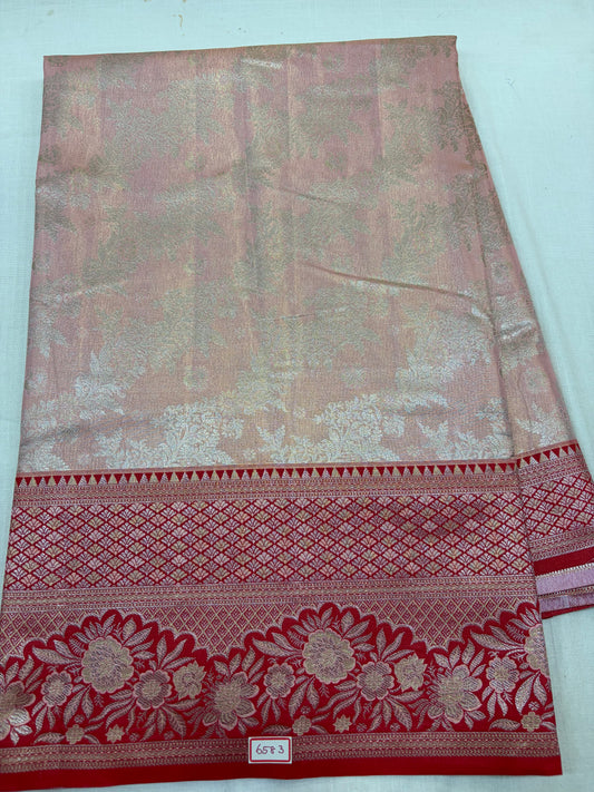 Meenakari Semi Kanchi Pattu Sarees Peach with Red Border