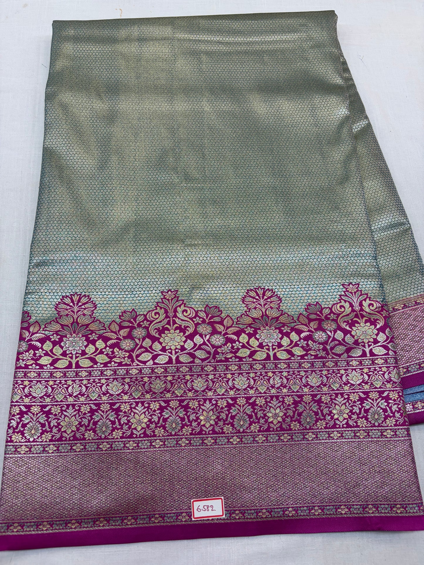 Meenakari Semi Kanchi Pattu Sarees Sea green with Purple