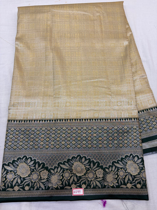 Meenakari Semi Kanchi Pattu Sarees Half white with Green