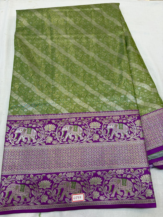 Meenakari Semi Kanchi Pattu Sarees Green with Purple Border