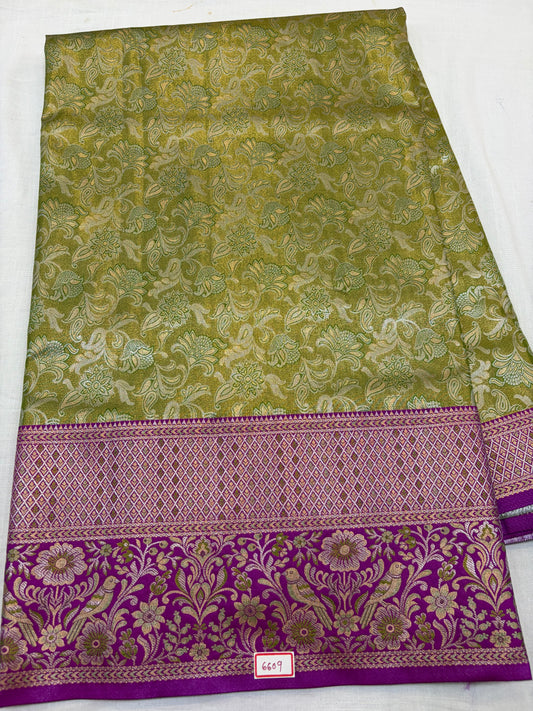 Meenakari Semi Kanchi Pattu Sarees Green with Purple