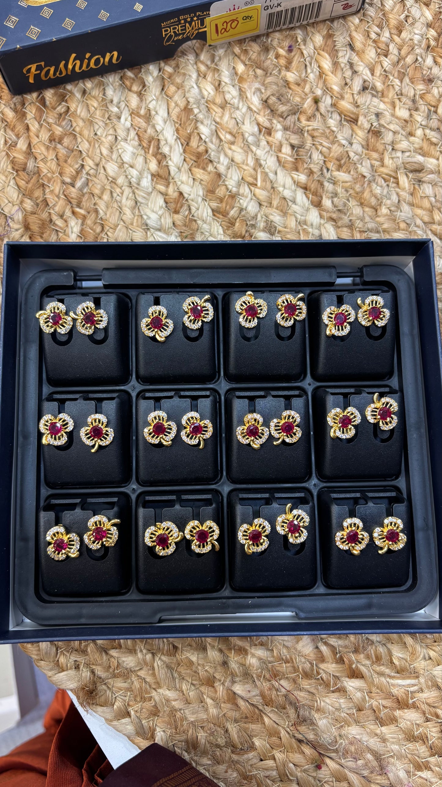 CZ Earrings Floral Design -Red