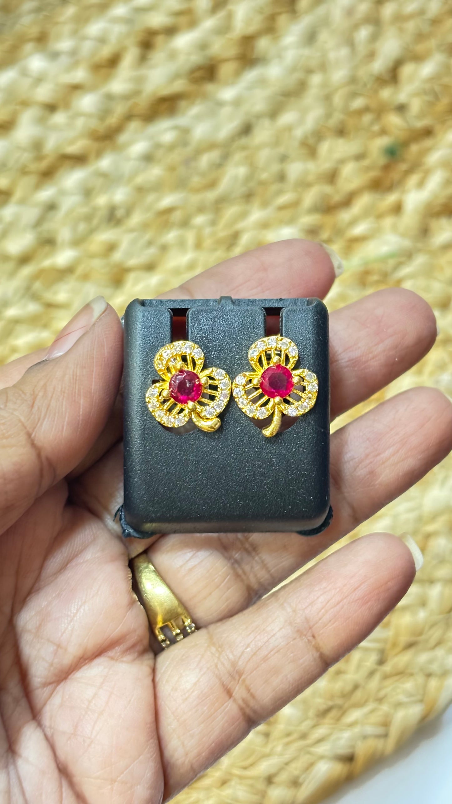 CZ Earrings Floral Design -Red