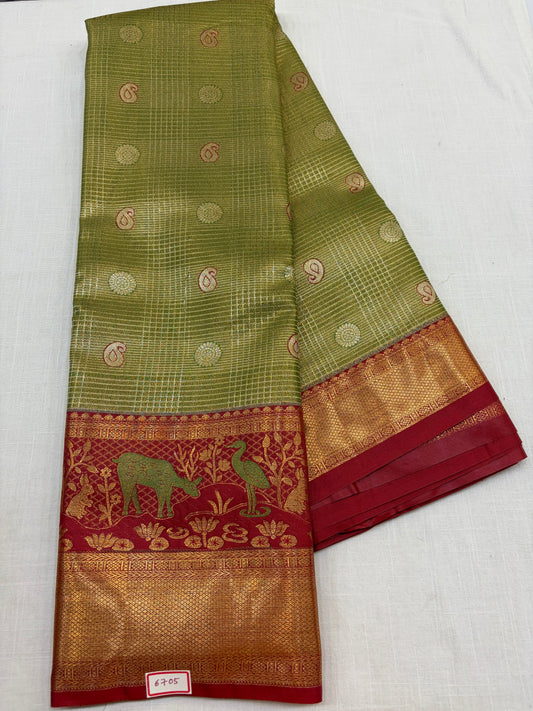 Semi Kanchi Tissue Pattu Sarees Green with Red