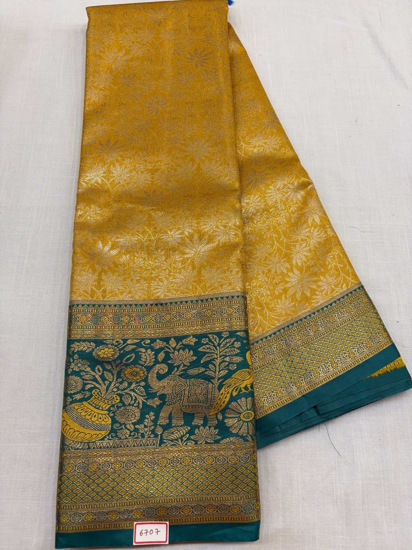 Semi Kanchi Tissue Pattu Sarees Golden yellow with Sea Green