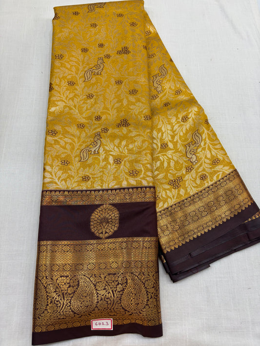 Semi Kanchi Tissue Pattu Sarees Yellow with Brown