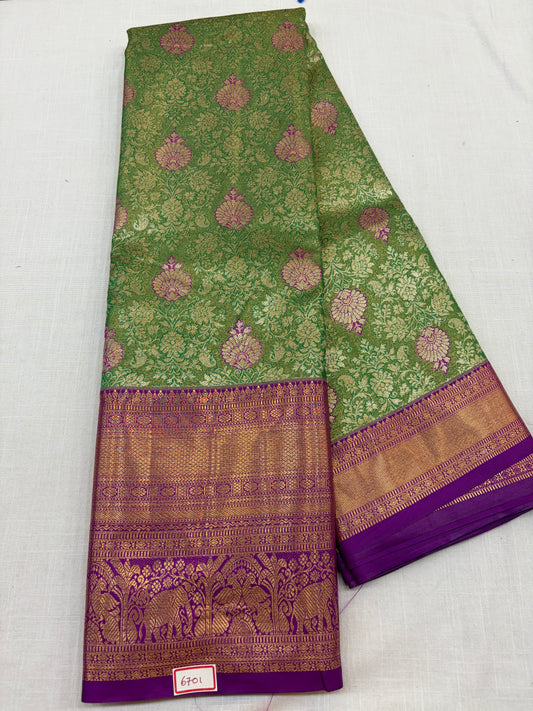 Semi Kanchi Tissue Pattu Sarees Green with Magenta