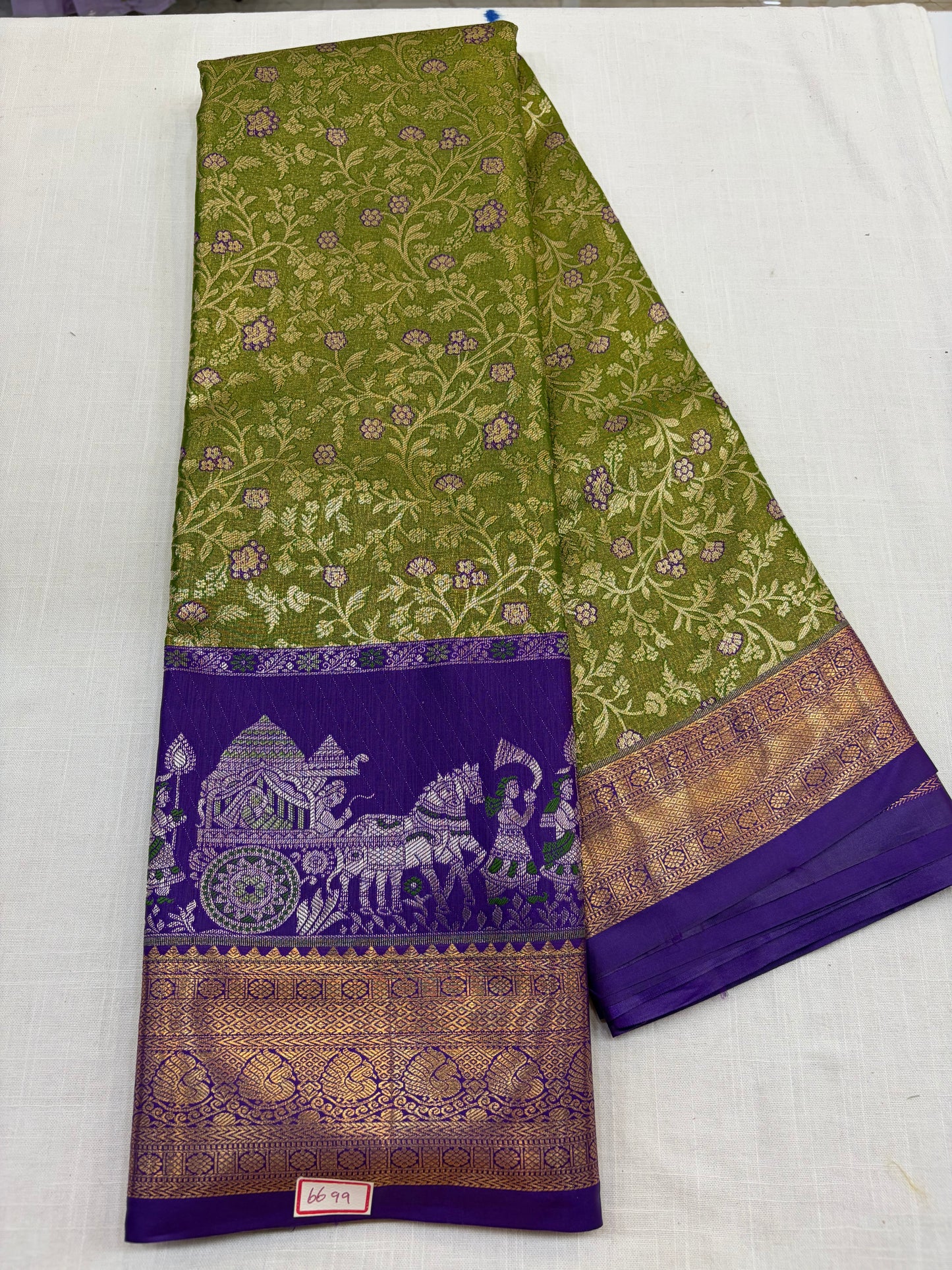 Semi Kanchi Tissue Pattu Sarees Green with Purple