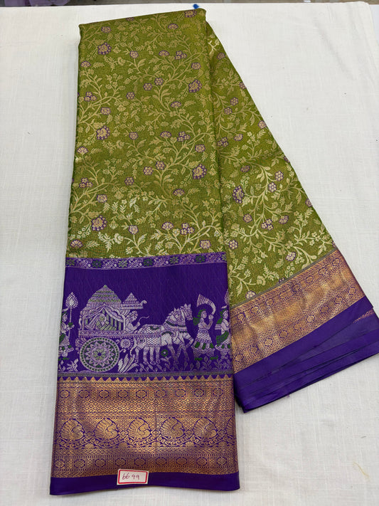 Semi Kanchi Tissue Pattu Sarees Green with Purple
