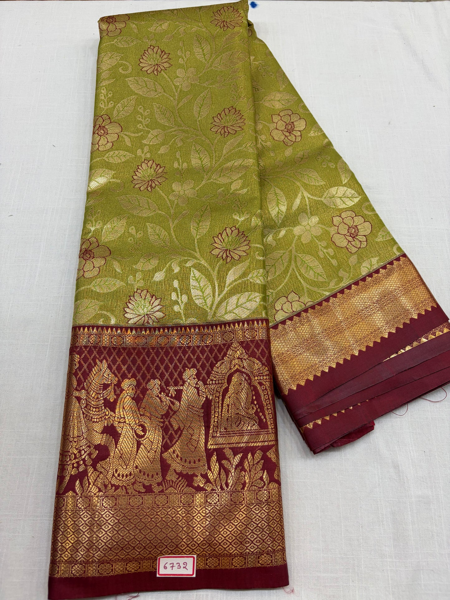Semi Kanchi Tissue Pattu Sarees Light green with Maroon