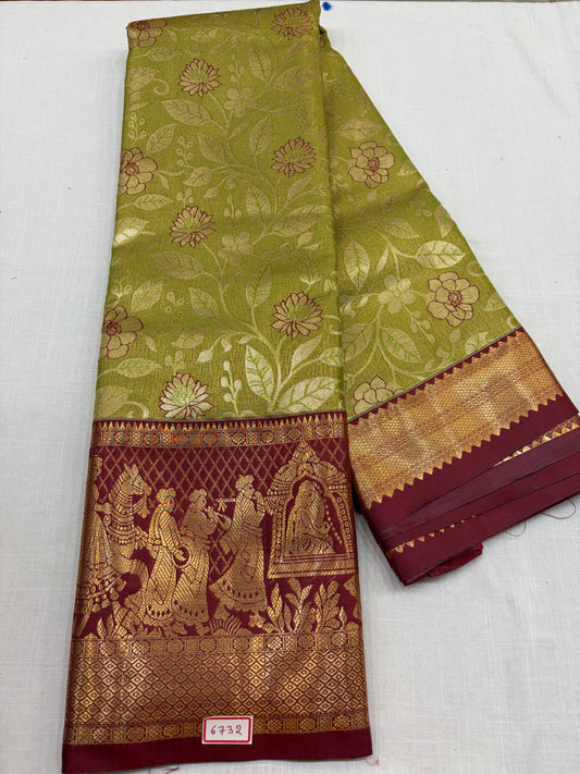 Semi Kanchi Tissue Pattu Sarees Light green with Maroon