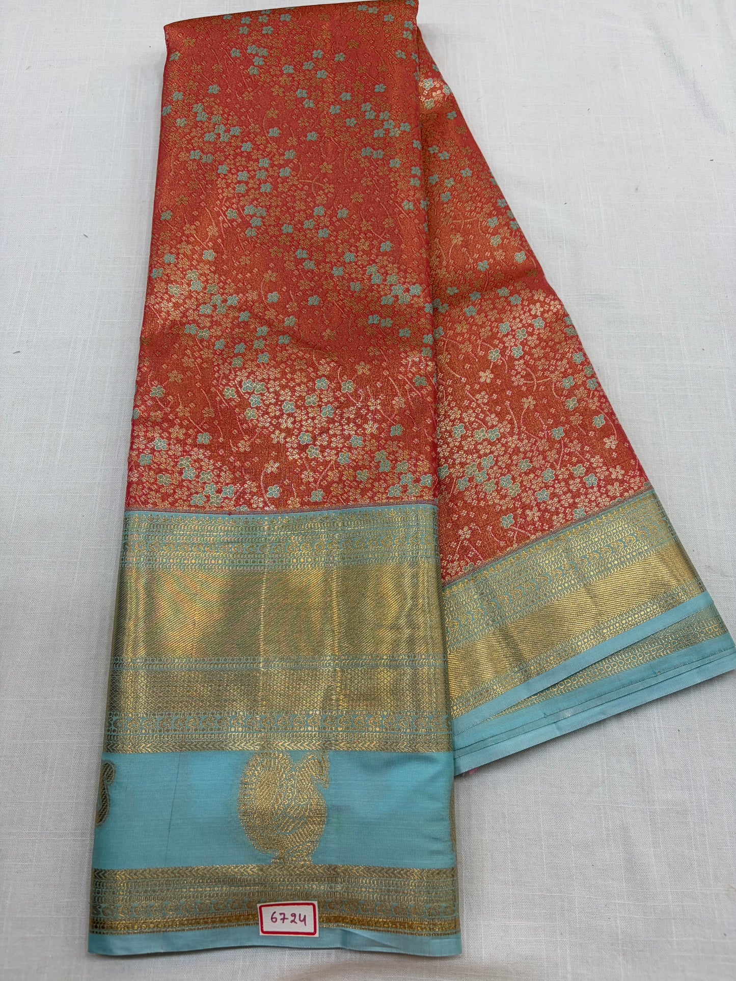 Semi Kanchi Tissue Pattu Sarees Peach with Blue border