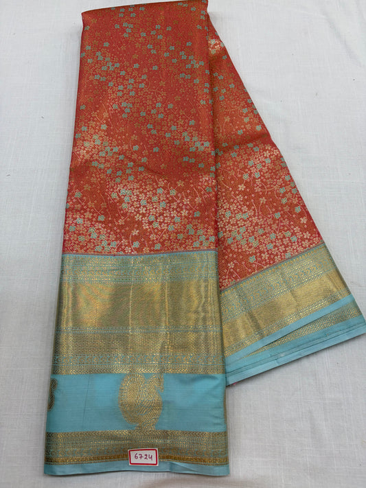 Semi Kanchi Tissue Pattu Sarees Peach with Blue border