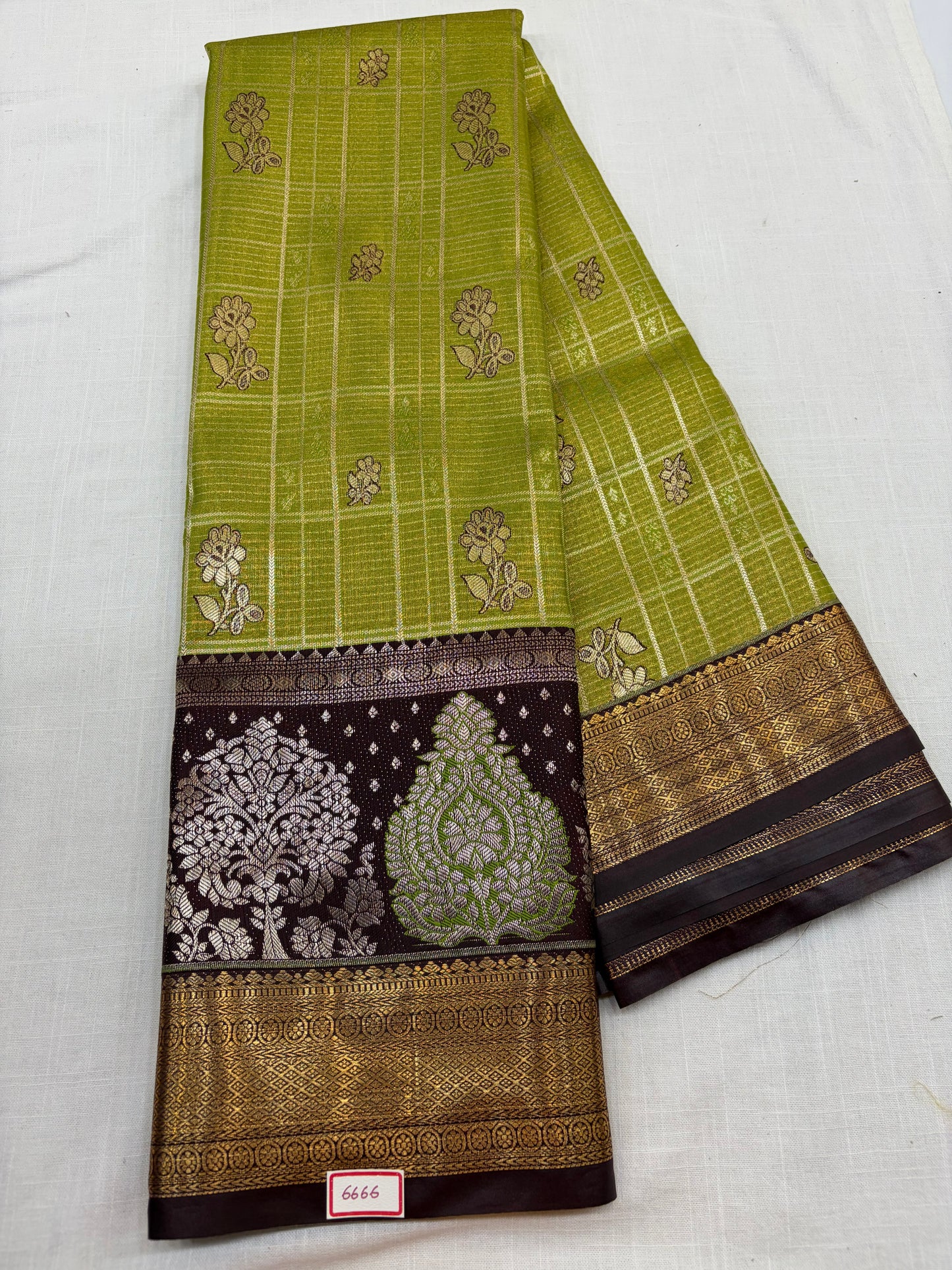 Semi Kanchi Tissue Pattu Sarees Green with Brown border