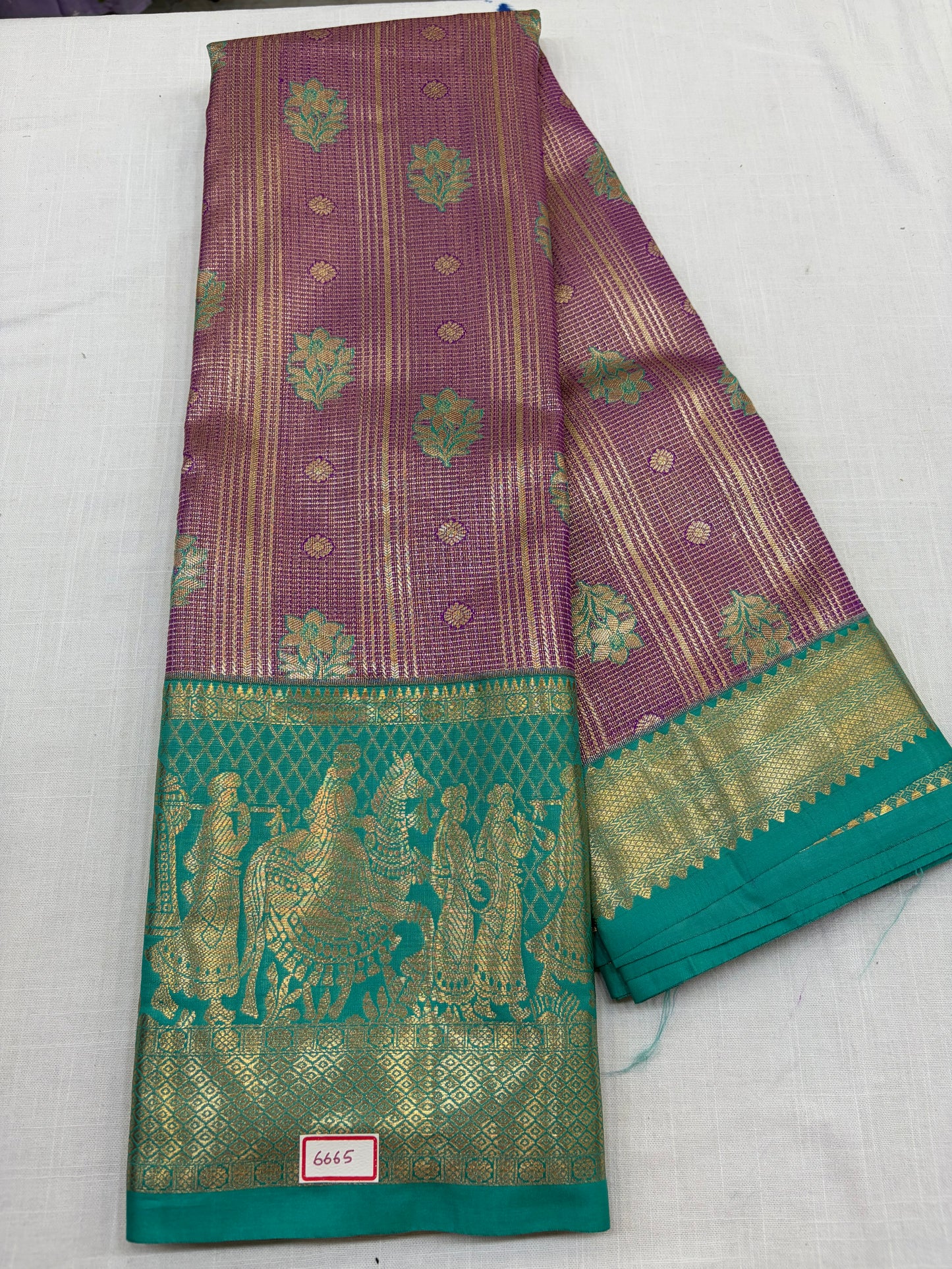 Semi Kanchi Tissue Pattu Sarees lavendar with Sea green