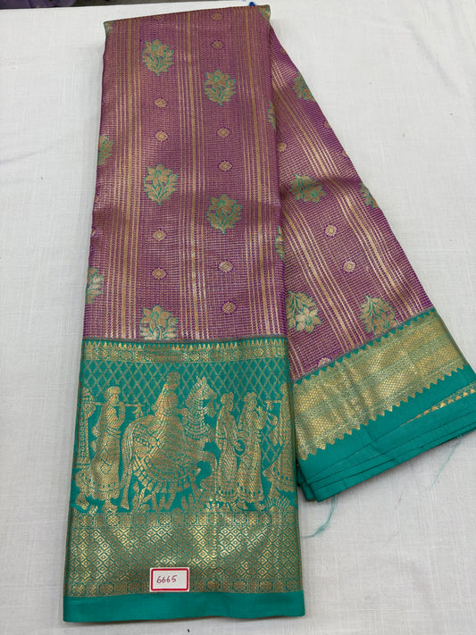 Semi Kanchi Tissue Pattu Sarees lavendar with Sea green