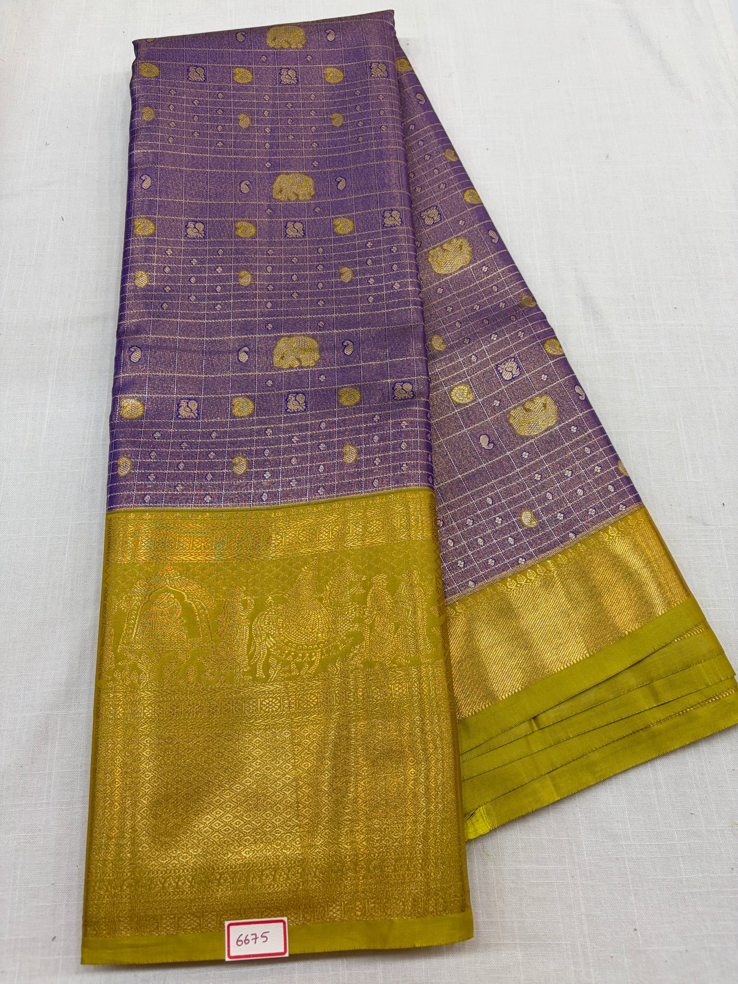 Semi Kanchi Tissue Pattu Sarees Lavendar with Yellow