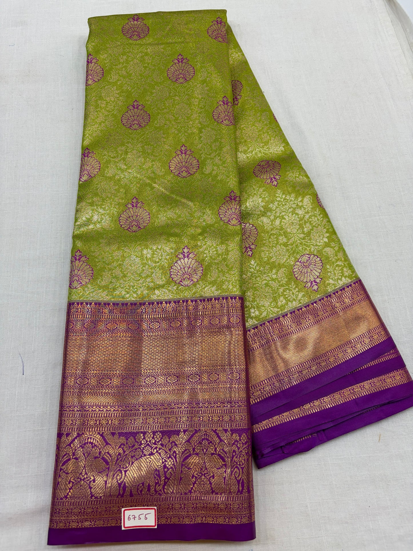 Semi Kanchi Tissue Pattu Sarees Green with Purple border