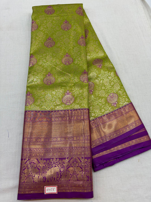 Semi Kanchi Tissue Pattu Sarees Green with Purple border