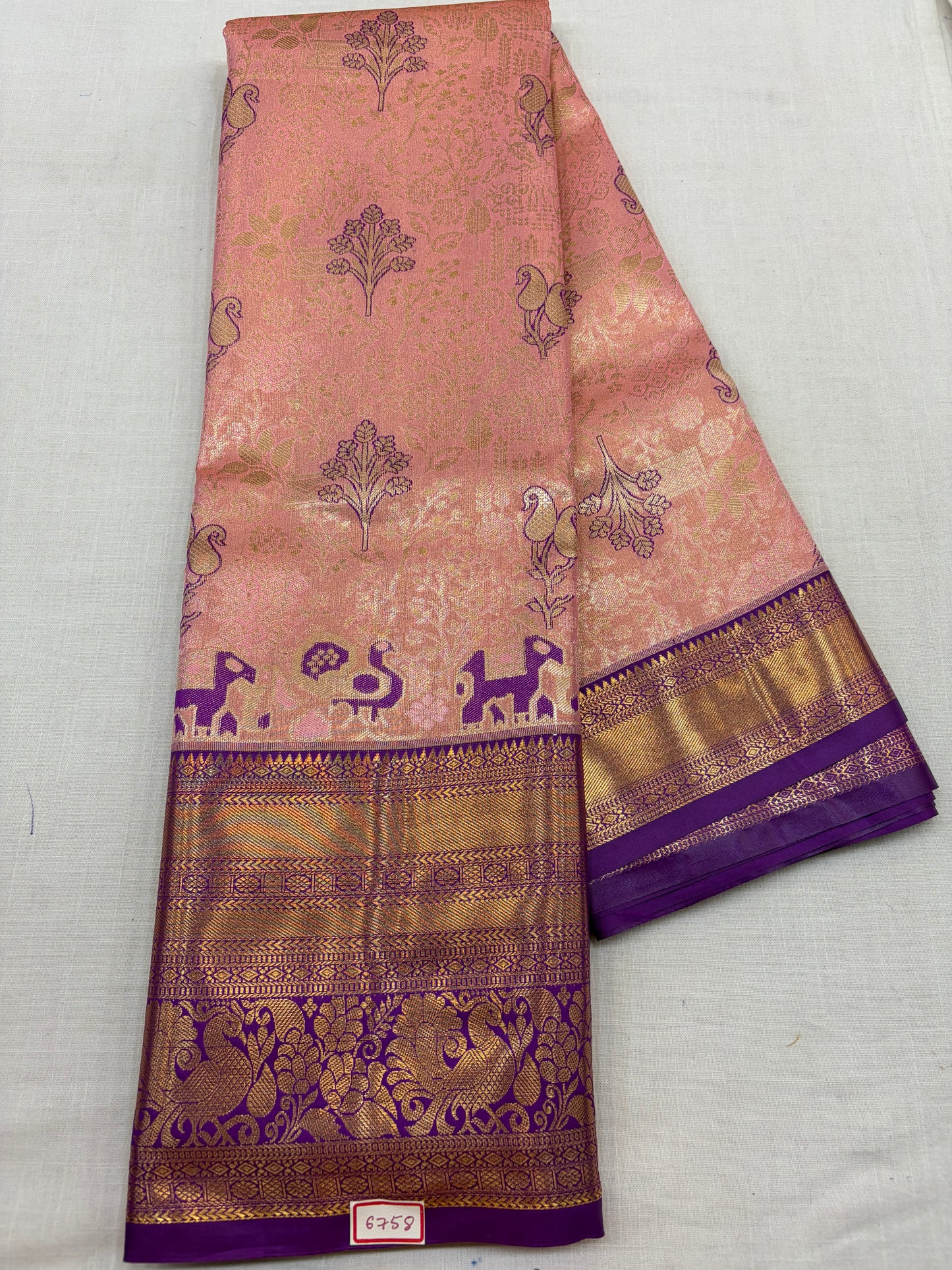 Semi Kanchi Tissue Pattu Sarees Peach with Purple Border