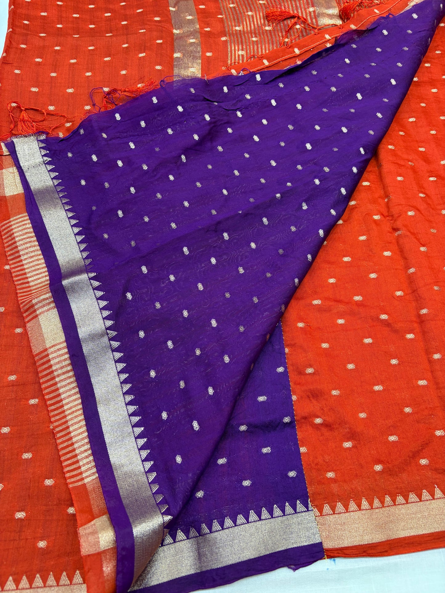 Orange self Soft Dola Silk Sarees with purple blouse