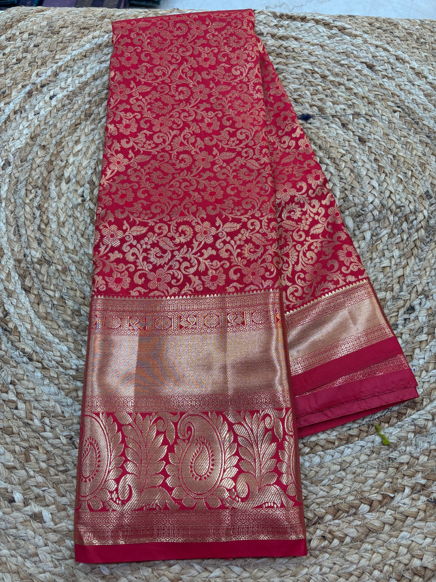 Semi Kanchi Self Red saree-36