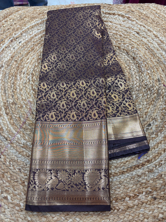 Semi Kanchi Self Brown saree-22