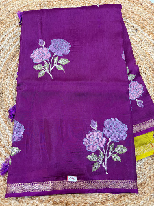 Russian Crepe Pettitpoint Embroidery Saree