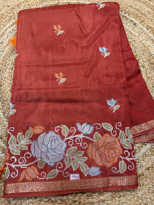Russian Crepe Pettitpoint Embroidery Saree