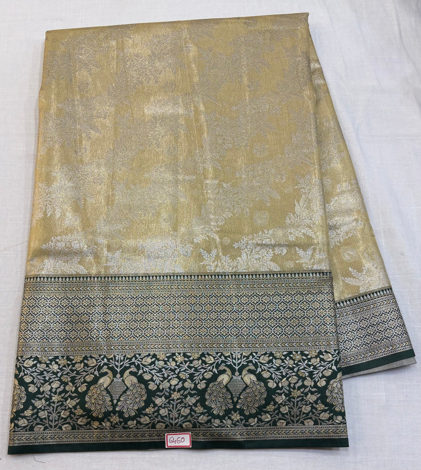Meenakari Semi Kanchi Pattu saree Half white with Green borders