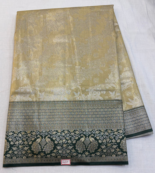 Meenakari Semi Kanchi Pattu saree Half white with Green borders