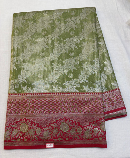 Meenakari Semi Kanchi Pattu saree Light green with Red