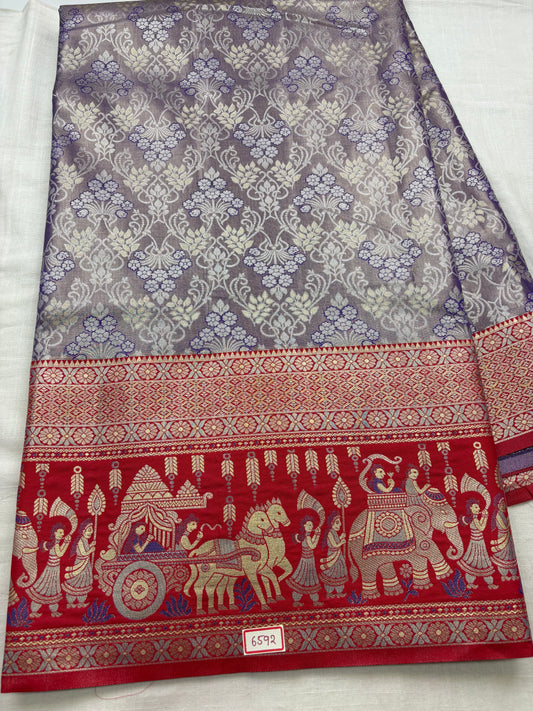 Meenakari Semi Kanchi Pattu Sarees Blue with Red