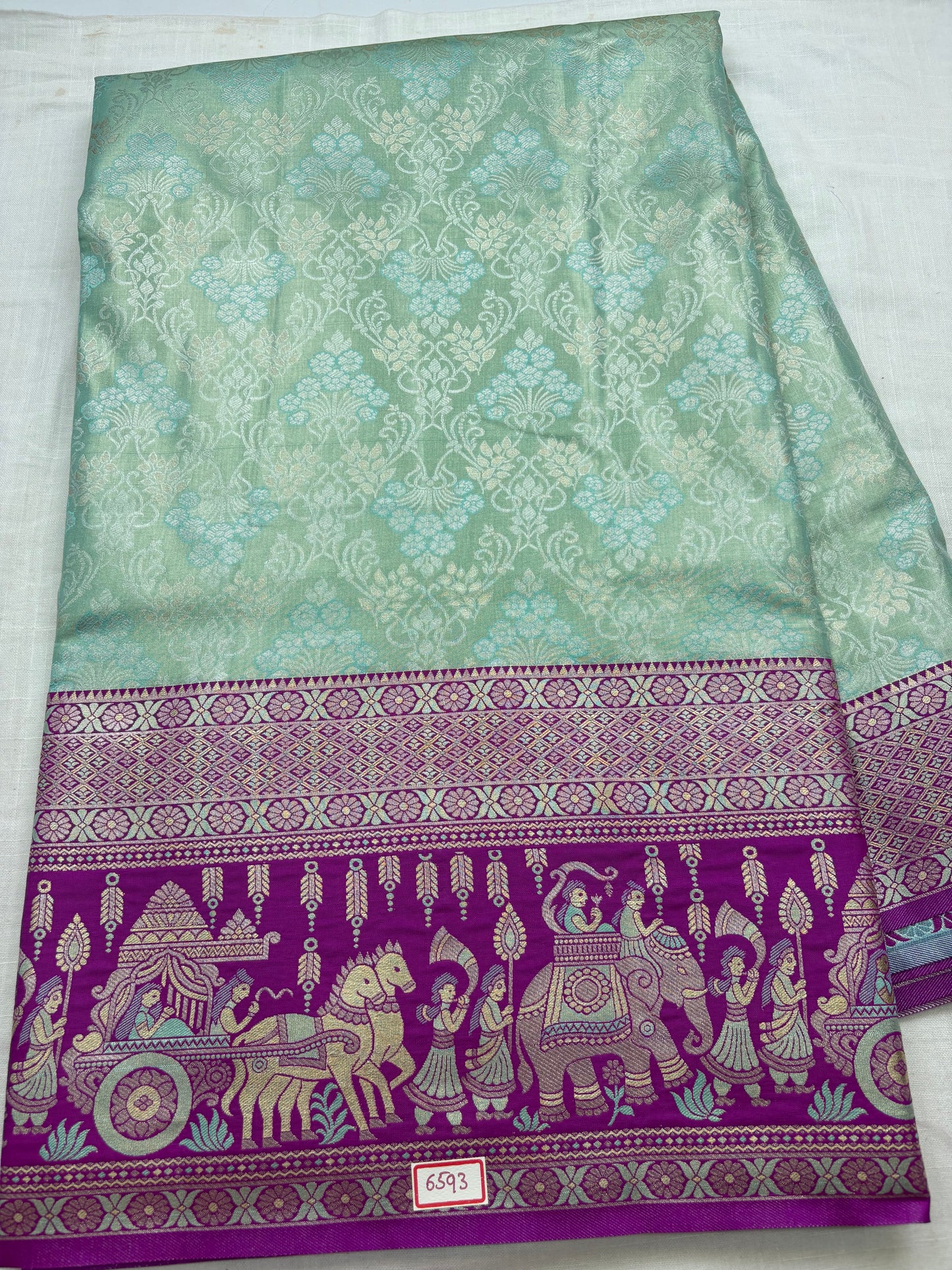 Meenakari Semi Kanchi Pattu Sarees Sea Green with Purple Border