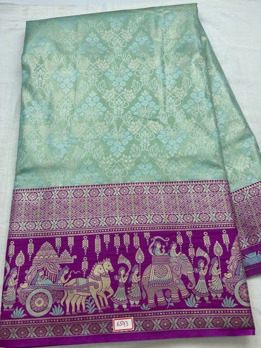Meenakari Semi Kanchi Pattu Sarees Sea Green with Purple Border