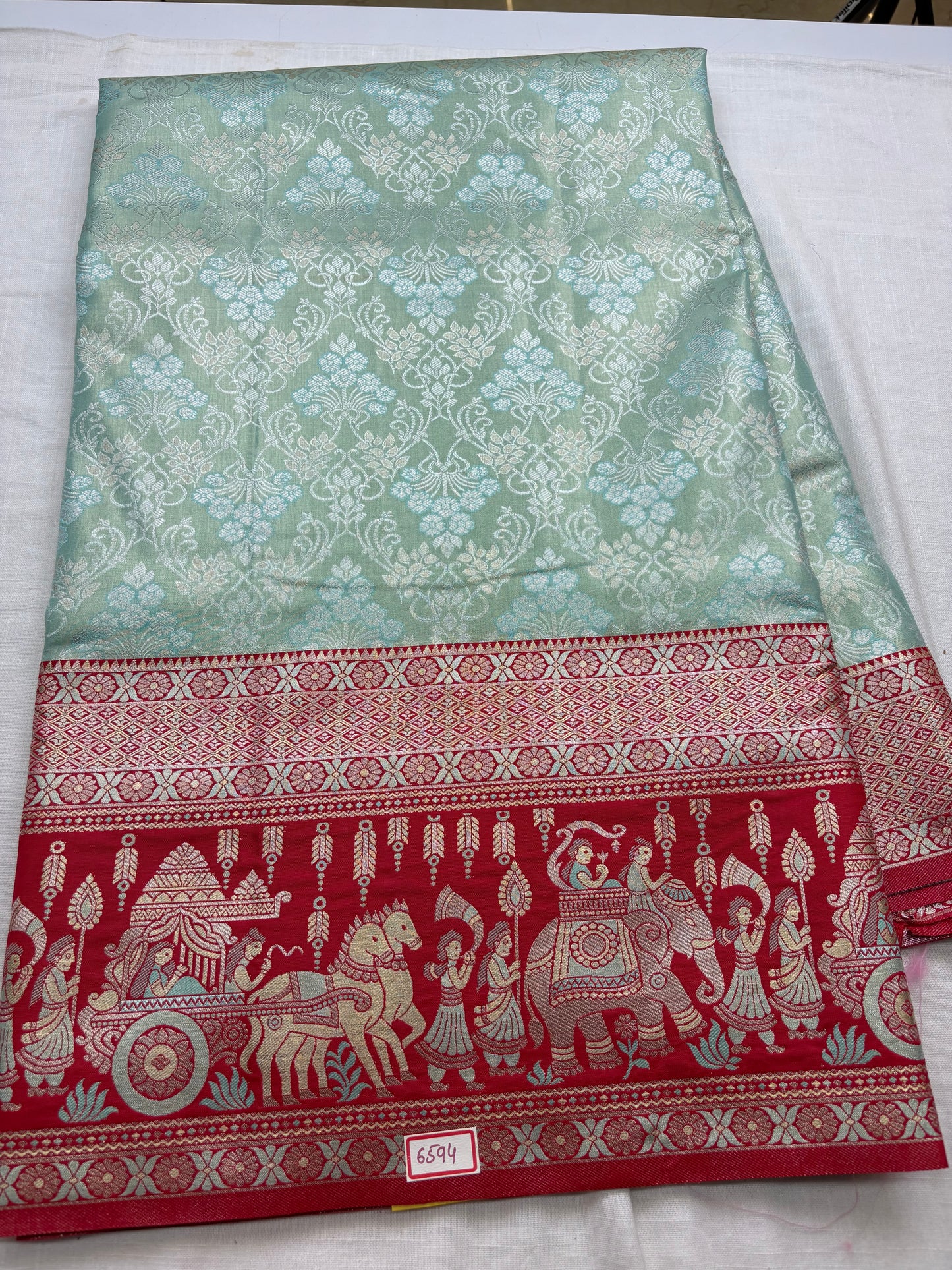 Meenakari Semi Kanchi Pattu Sarees Sea Green with Red Border