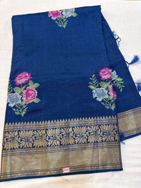 Russian Crepe Pettitpoint Embroidery Saree