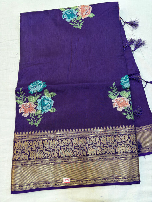 Russian Crepe Pettitpoint Embroidery Saree