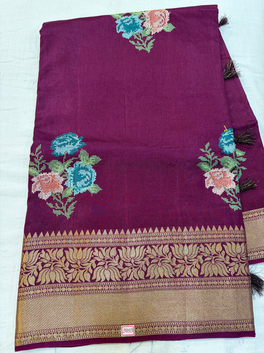 Russian Crepe Pettitpoint Embroidery Saree