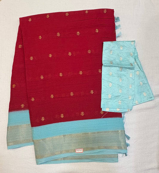 Red Fancy Chinnon Saree with Blue Borders