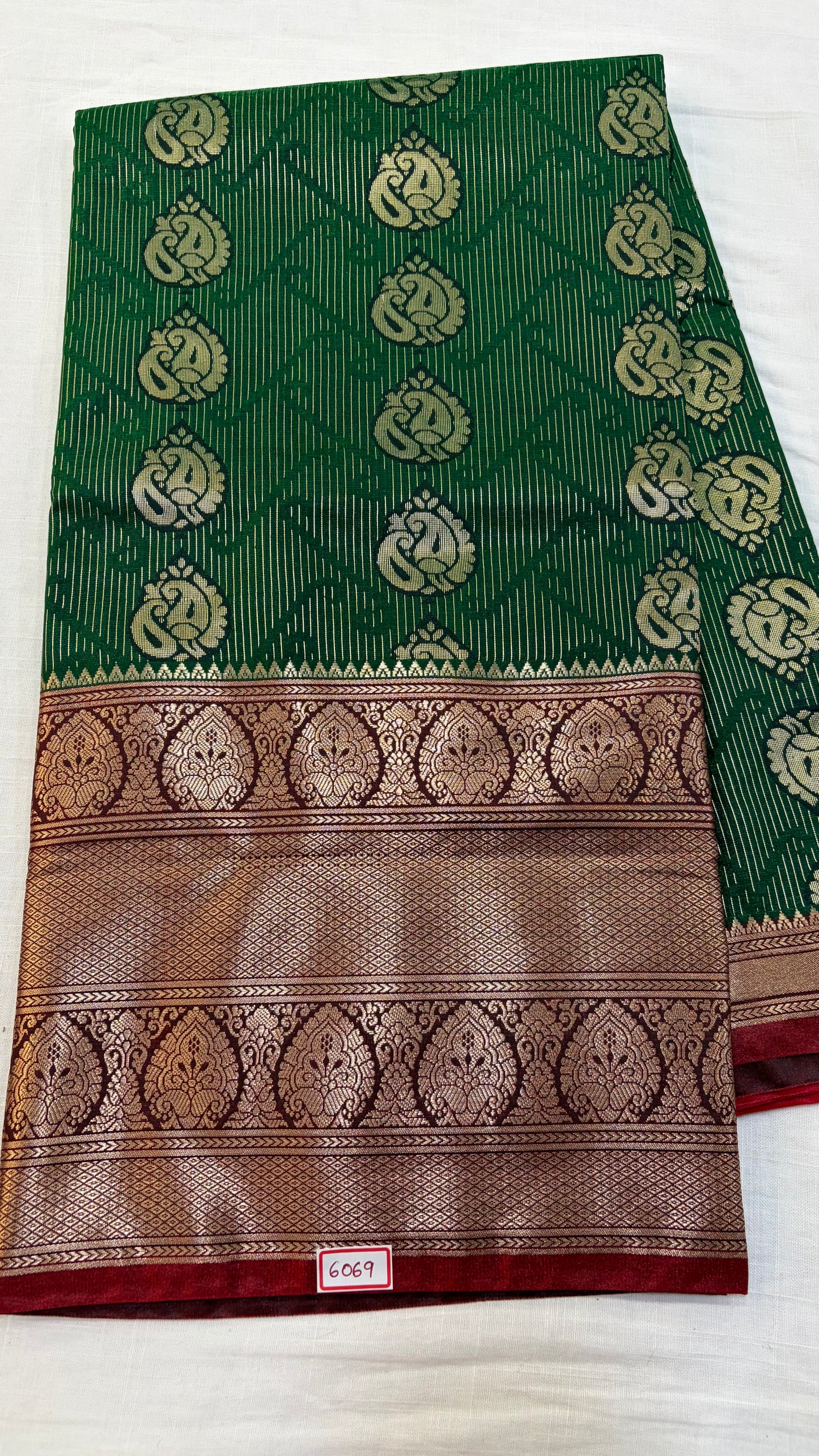 Semi Uppada Saree Dark Green with Red