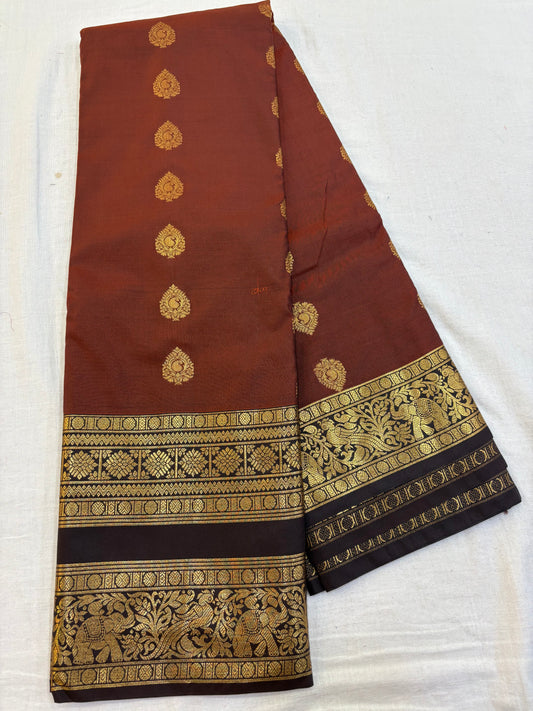 Semi Kanchi Rust orange with Brown saree