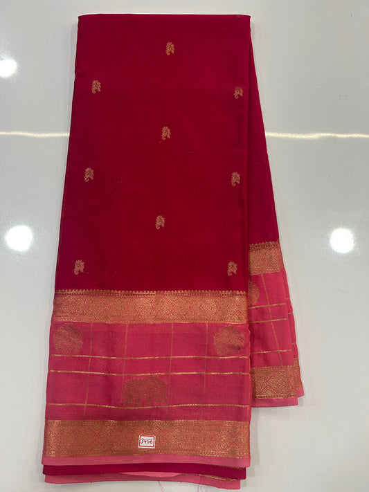 Pink with Peach border Mysore Crepe Gap borders Rich Pallu