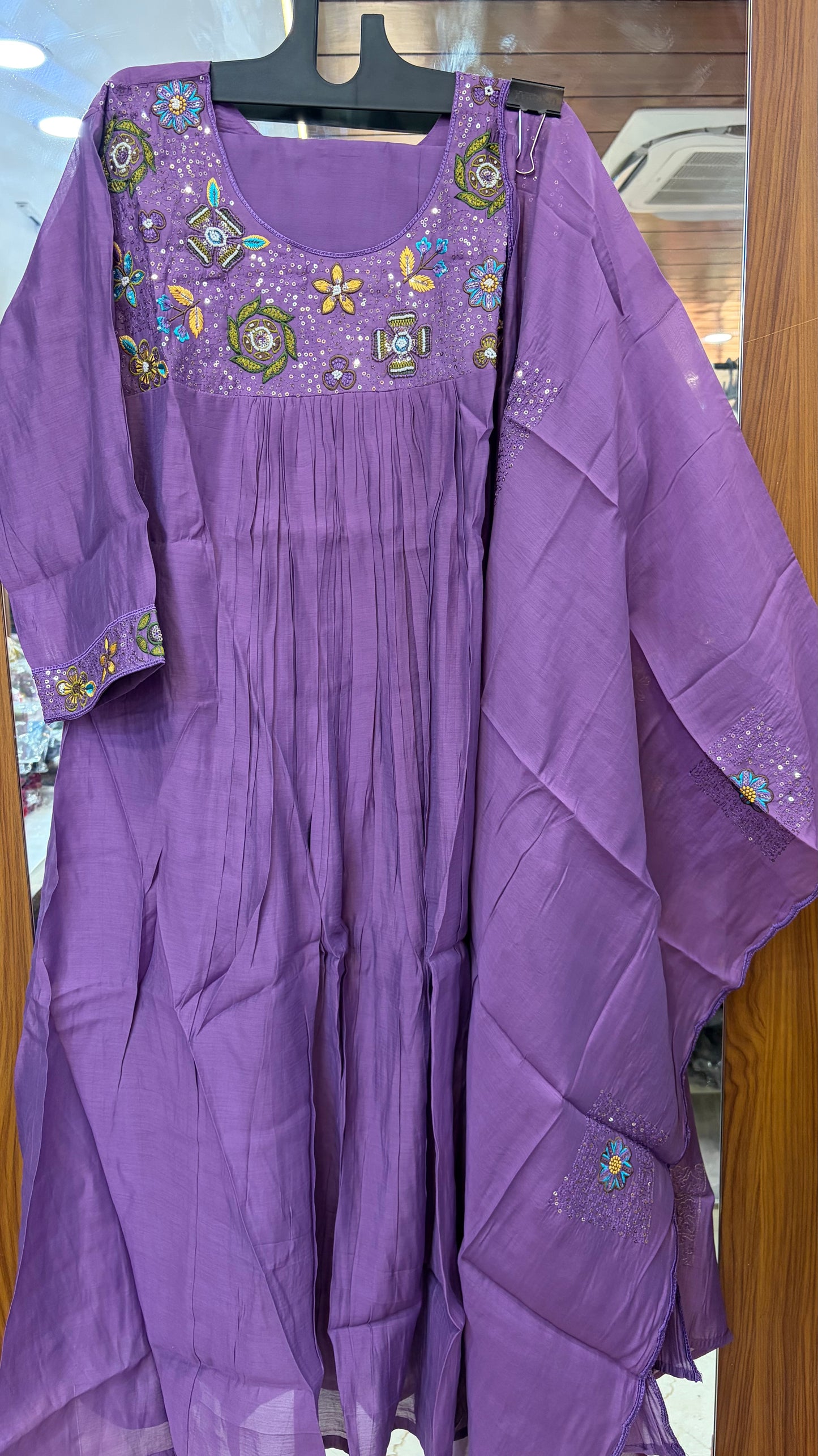 Light Purple Mul Chanderi Embroidery Kurti Set