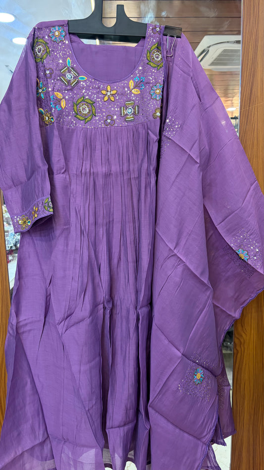 Light Purple Mul Chanderi Embroidery Kurti Set
