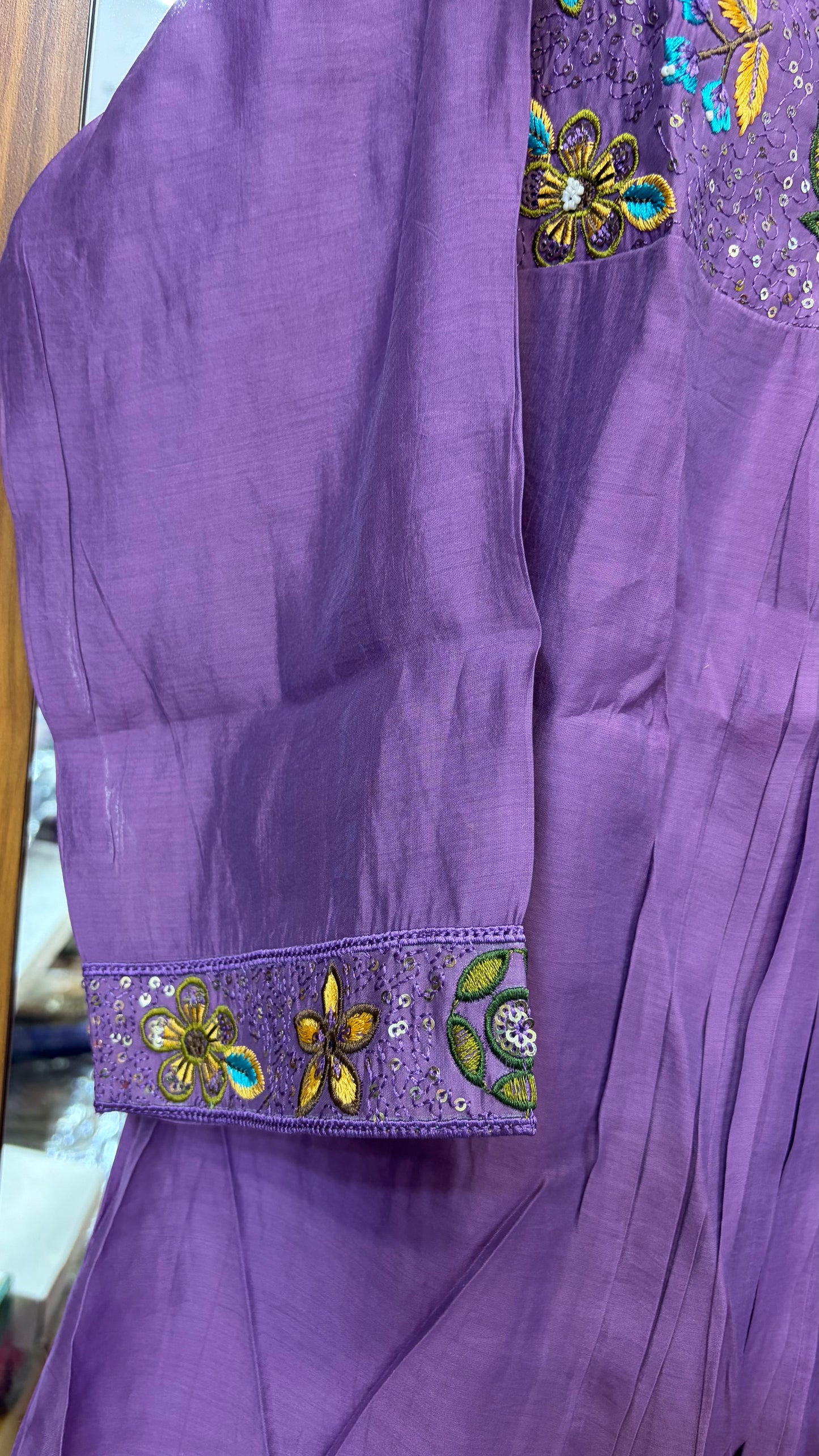 Light Purple Mul Chanderi Embroidery Kurti Set