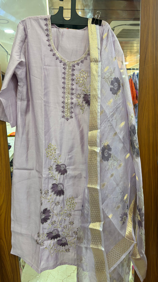 Mul Chanderi Embroidery Kurti Set with Organza digital printed Duppata