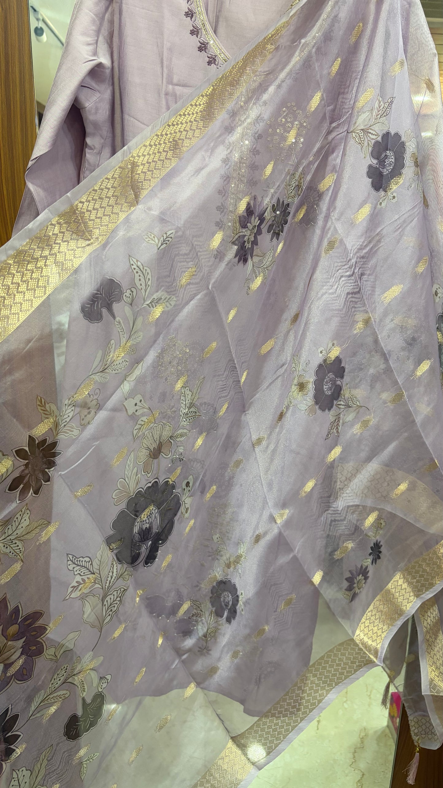 Mul Chanderi Embroidery Kurti Set with Organza digital printed Duppata