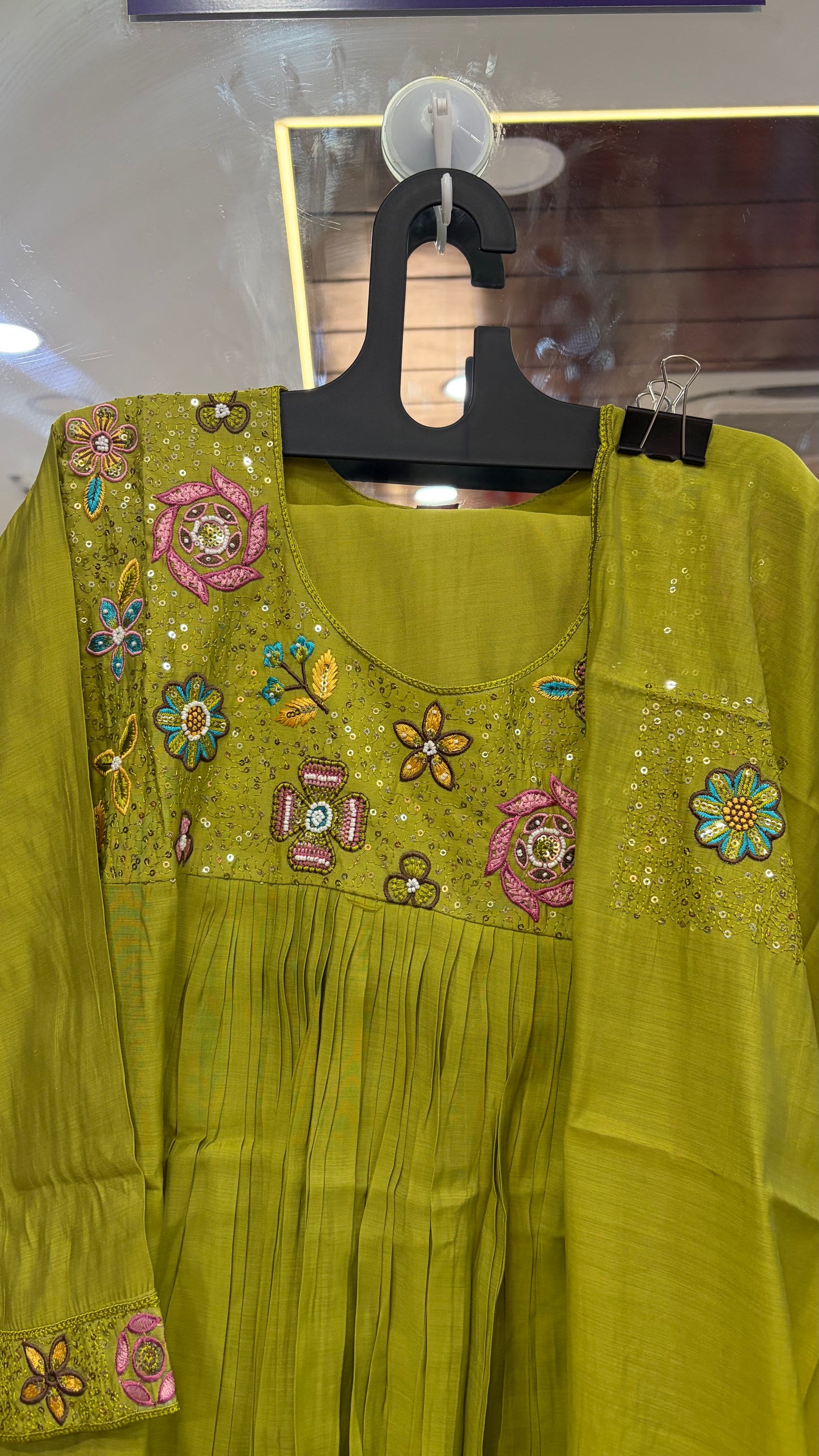 Green Mul Chanderi Embroidery Kurti Set