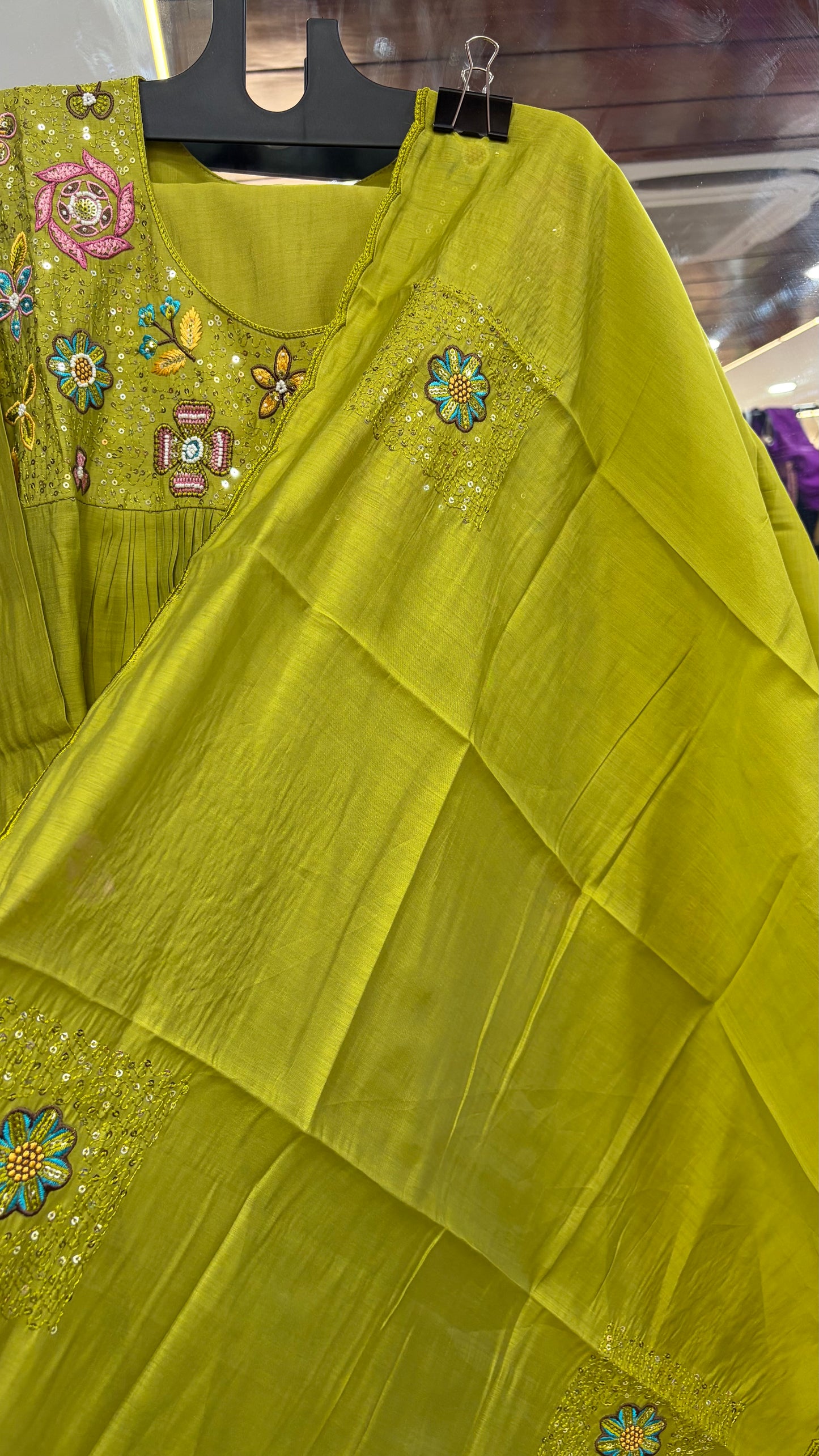 Green Mul Chanderi Embroidery Kurti Set